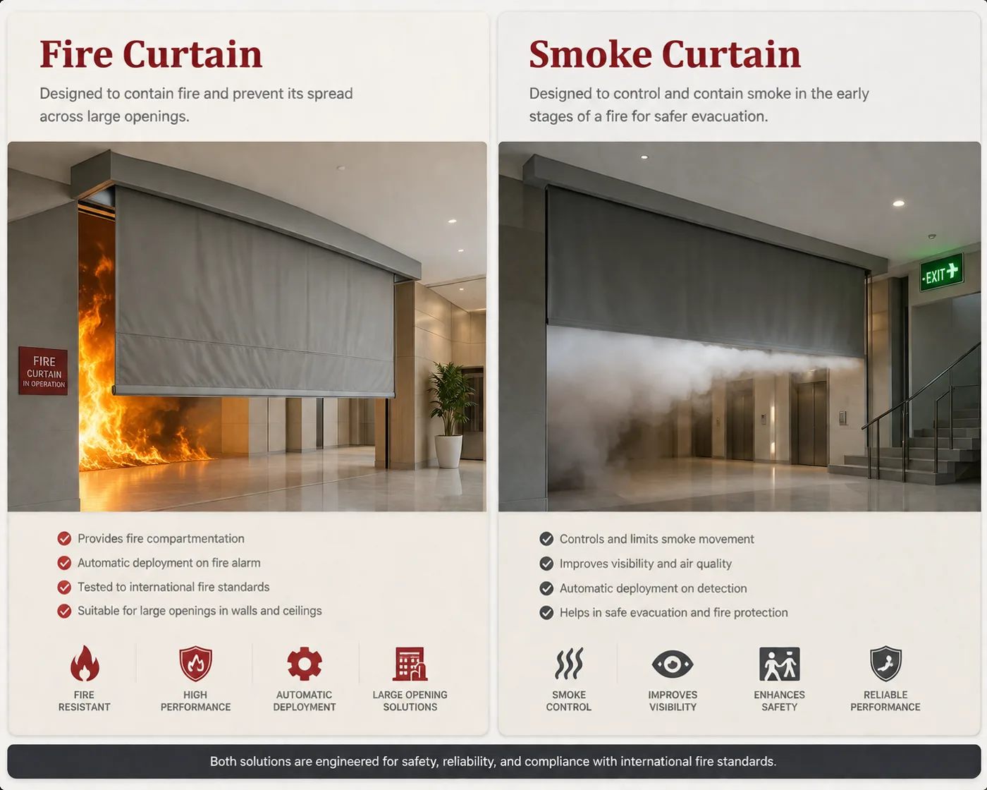 Fire curtain and smoke curtain systems